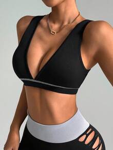SHEIN Dewbera 1 Áo ngực thể thao khoét sâu gợi cảm màu đen dành cho nữ, Áo ngực tập yoga màu tương phản - màu đen - Xem 3