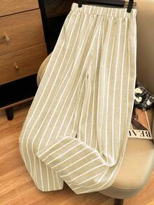 Franclia 天蓝色竹节针织条纹休闲松紧腰女裤，适合春秋季 - 卡其色 - 查看 2