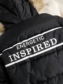 Unisex Mid-Long Hooded Winter Jacket With Printed Back, Detachable Hood, Pockets And Zipper, Polyester Outerwear Suitable For Daily Outings, Outdoor And Cold Snowy Weather In Winter - Black - View 6