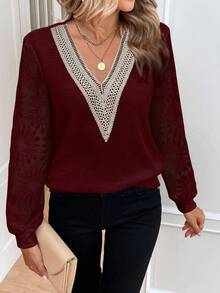 EMERY ROSE Women's Contrast Lace V-Neck Loose Long Sleeve Blouse - Burgundy - View 3