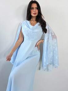 Firerie Women's Elegant Light Blue Floral Lace & Sequin Ruffle Collar Long Sleeve High Waist A-Line Maxi Dress For Autumn,Wedding Guest,Parties,Balls,Dates - Blue - View 5