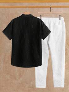 Manfinity NXTstreet 2pcs/Set Men's Loose Letter Embossed Notch Collar Short Sleeve Top And Pants Casual Outfit, Cozy Outfits - Multicolor - View 2