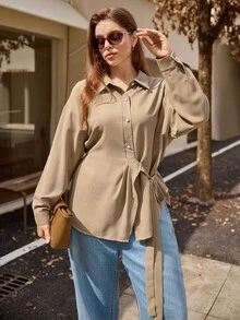 Easura Plus Size Women's Solid Color Drop Shoulder Long Sleeve Side Knot Casual Commuter Shirt