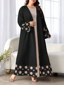 SHEIN Najma Plus Size Women's Floral & Plant Pattern Print Long Sleeve Casual Arabic Abaya, Suitable For Spring And Autumn - Multicolor - View 4
