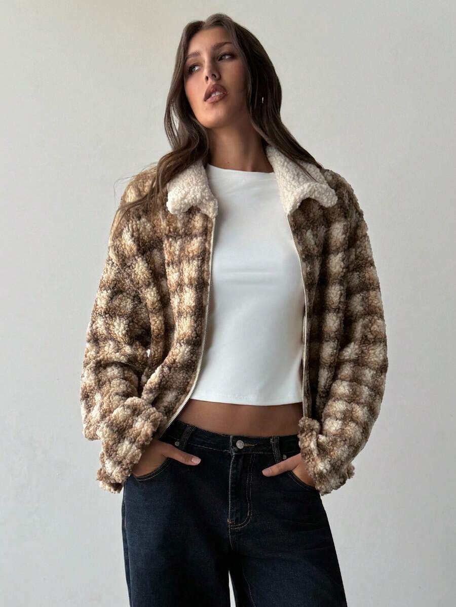 Aloruh Women's Fall/Winter Casual Turndown Collar Plaid Print Fleece Loose Jacket,Women's Winter Jacket ,Women's Winter Coat , Women's Winter Clothes - Brown - View 1