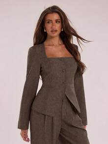 SHEIN BAE Distinctive Square Collar Design Office Blazer Autumn Winter Clothes For Women,Fall,Fall Clothes For Women - Coffee Brown - View 6