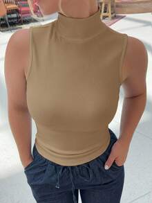 Jeta Ari Women High Neck Bodycon Sleeveless Tank Top Preppy Tops - Khaki - View 3