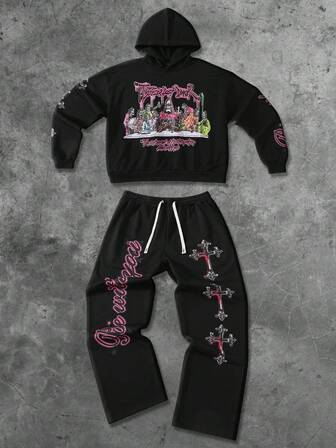 Street Life 2pcs Men's Vintage Gothic Print Short Hoodie & Sweatpants Set, Suitable For Autumn/Winter