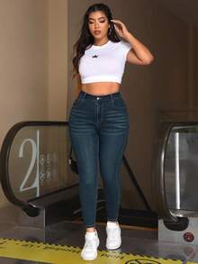 SHEIN ICON Plus Size Women High Waist Pockets Skinny Casual Versatile Jeans