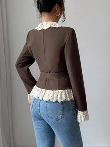 Elenzga Women's Elegant Fashion Commuter Casual Comfortable Charming Retro Gentle Lady Modern Romantic Holiday Autumn/Winter Long Sleeve V-Neck Cardigan With Belt, Waist Cinched, Lace Trim Patchwork Blazer