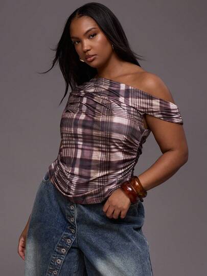 MUSERA Plus Asymmetrical Shoulder Checked Fitted Asymmetric Hem Top Everyday Casual Cool Girl Streetwear Uncut Burgundy Festive, Holidays, Party, Spring Summer Easter