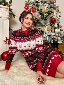 SHEIN Essnce 大码女士秋冬时尚休闲高弹舒适圣诞可爱印花红黑修身短裙、曲线可爱连衣裙、紧身连衣裙、秋季服装、圣诞女装、母女装 - 紅色 - 查看 1