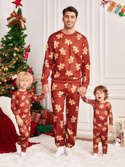 Velminro Men's Gingerbread Print Long Sleeve Top And Pants Pajama Set Fall Clothes, For Christmas
