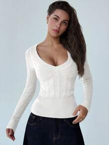Aloruh Fashionable Deep V-Neck Long Sleeve Fitted Vintage Cable Knit Pullover Sweater,Elegant White Autumn Casual Top For Women,Versatile Date Knitwear - White - View 4