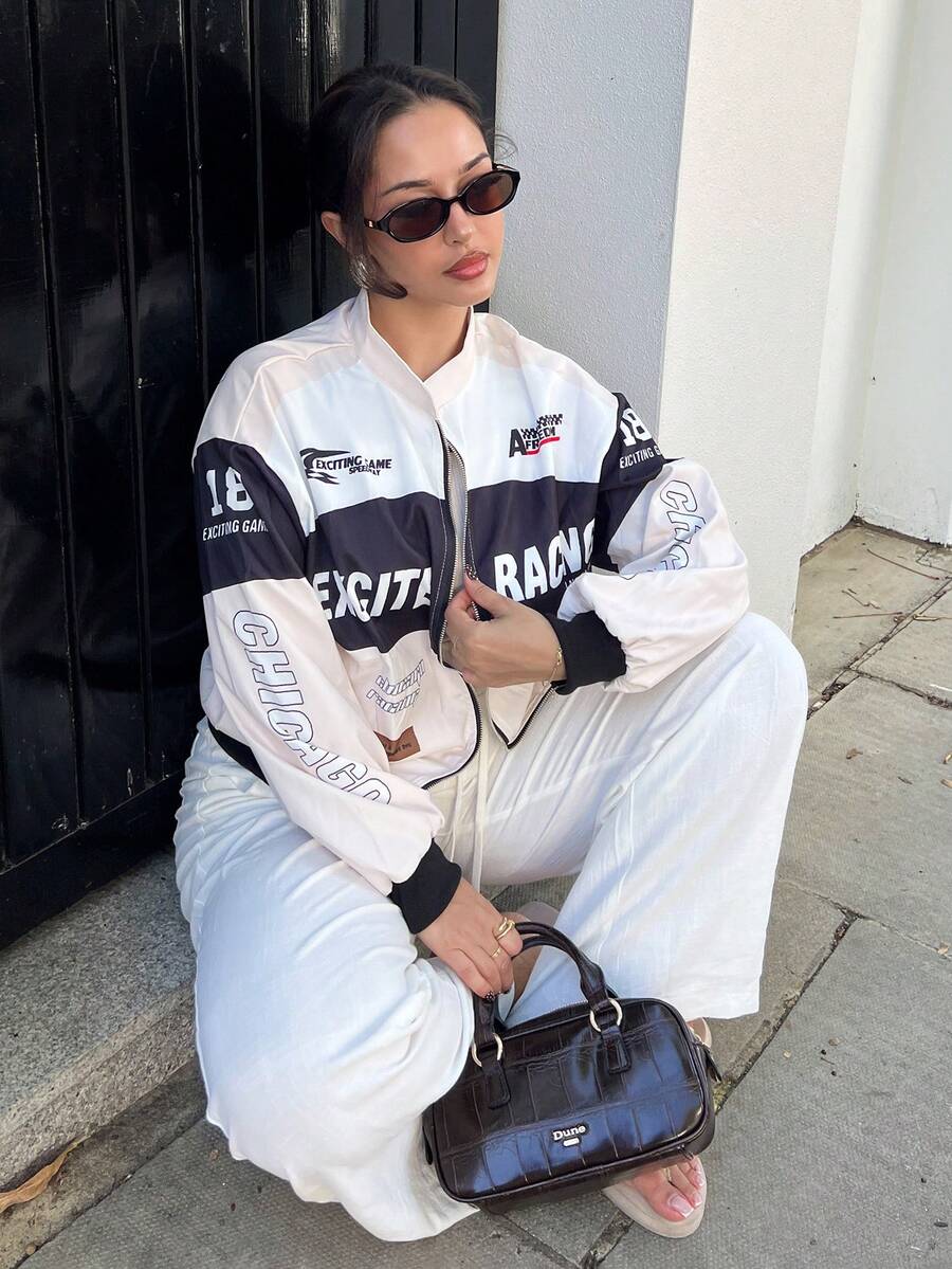 NegzBox Letter Print Contrast Color Drop Shoulder Bomber Jacket For New ...