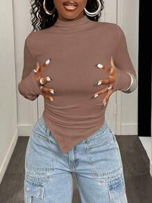 BamGleam Kaos Wanita Warna Polos Kerah Tegak Lengan Panjang Hem Asimetris Pas Badan - Khaki - View 6