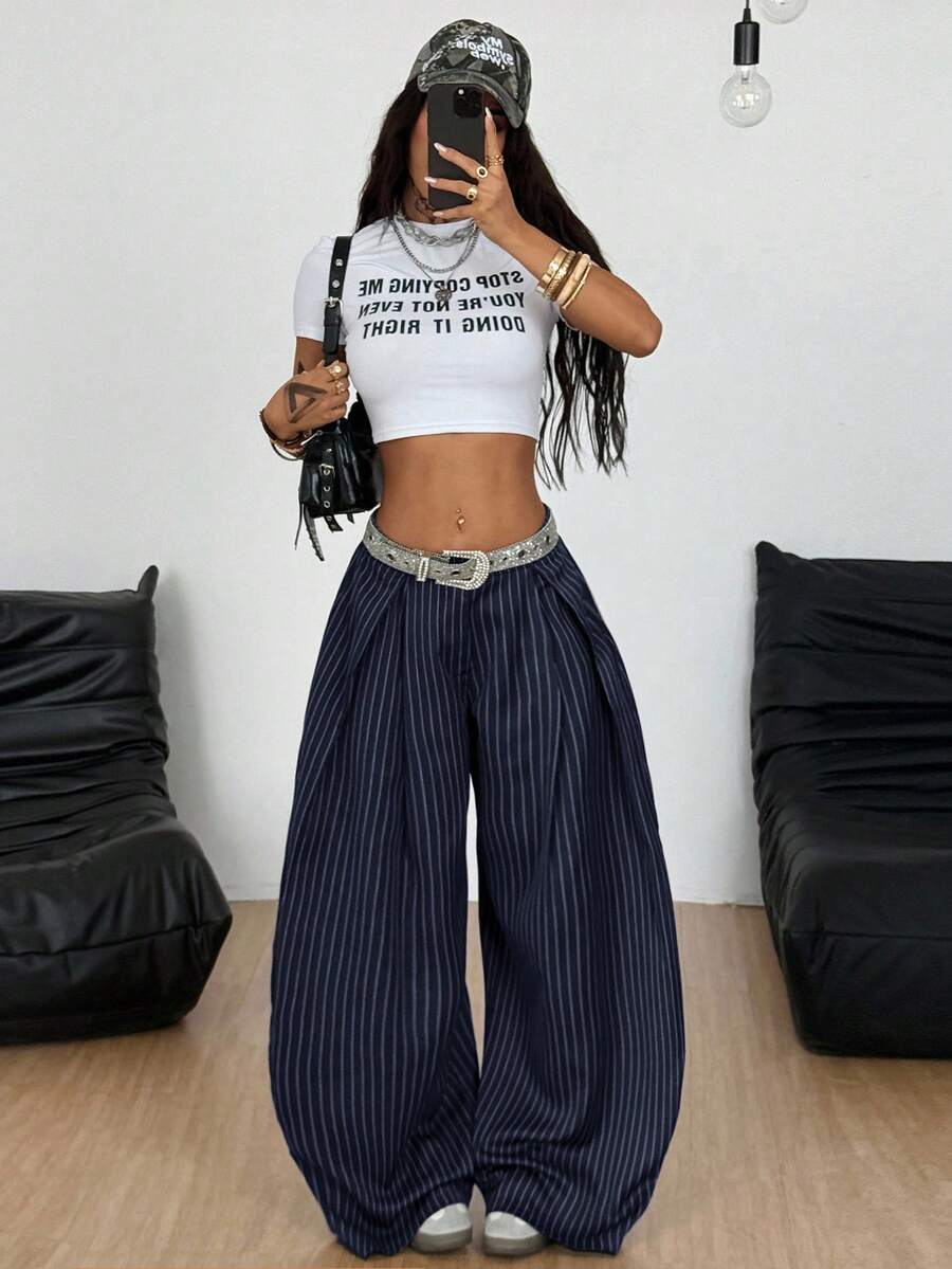 Coolane 女式夏季复古休闲嬉皮街头宽松绿色裤子 - 藏蓝色 - 查看 1