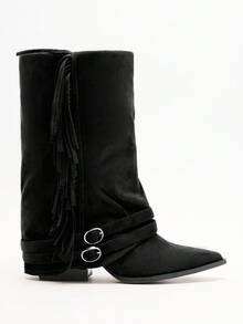 Solezae Women's Glamorous Sexy Pointy Toe Faux Suede Chunky Heel Mid-Calf Slouchy Boots - Black - View 2