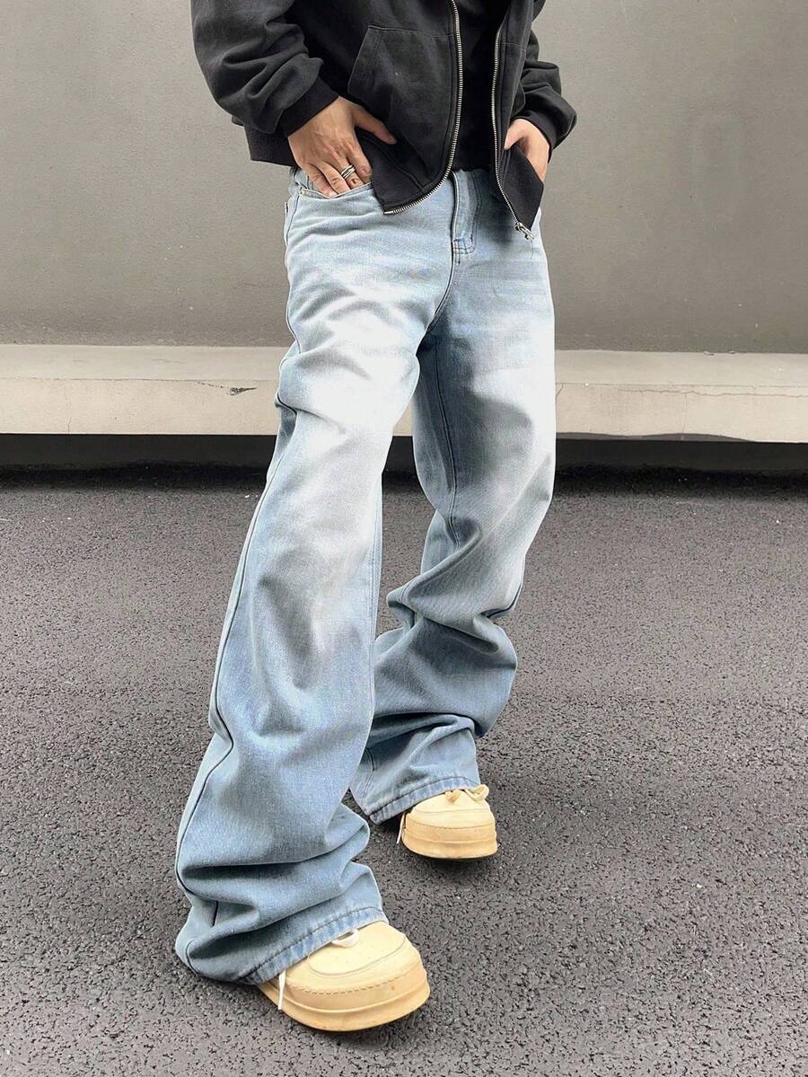 RivetRise 男士純色寬腿牛仔褲，帶傾斜口袋寬鬆長款洗水漸層喇叭牛仔褲，帶口袋淺藍色派對街頭穿搭饒舌歌手風格 - 淺色水洗藍 - 查看 1