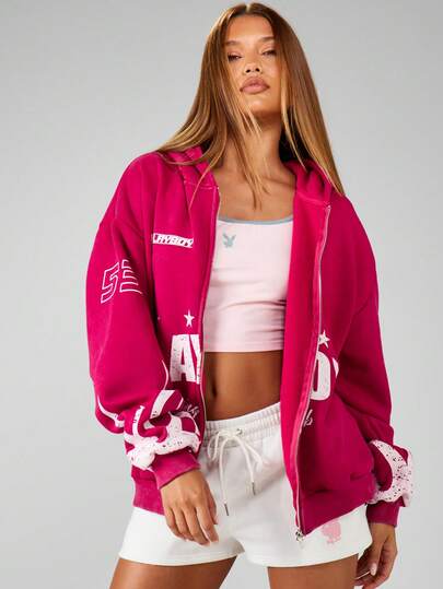 Missguided x Playboy Oversized Graphic Zip Up Hoodie With Drawstring And Centre Pocket For Casual Streetwear