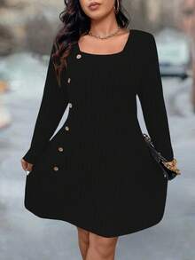 Plus Size Women Casual Everyday Commute Simple Solid Color Square Neck Button Decor Loose Dress - Black - View 6