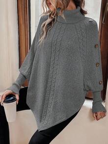 EMERY ROSE Women's Casual Solid Color Turtleneck Batwing Sleeve Sweater, Autumn/Winter - Grey - View 5