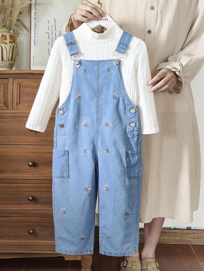 Vintaside Kids 年轻女孩休闲日常通勤学院风纯色罗纹立领长袖T恤和花卉刺绣牛仔背带裤套装，秋季