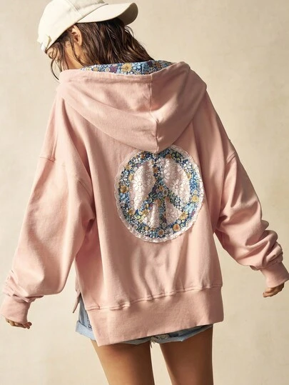 Bohemela BOHO Women's Casual Knit Long Sleeve Loose Washed Long Sleeve Peace Graphic With Lace Detail Hooded Sweatshirt , Vintage Western Country Style Concert Vacation, Back To School, Halloween , Christmas , Suitable For Autumn/Winter