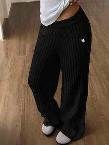 CovetEZ Women's Knight Pattern Elastic Waist Straight Loose Casual Knit Pants,Fall Pants Wide Leg Pleated Pants