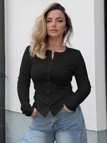 Jeta Ari 罗纹纽扣长袖圆领上衣休闲度假机场假日秋季返校秋冬 - 黑色 - 查看 7