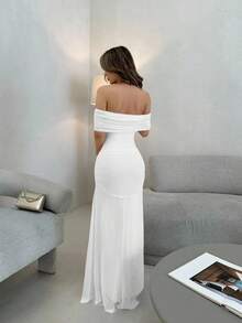 Jemour Váy lưới hở vai nhún eo cho nữ, thanh lịch cho tiệc cưới, đêm hẹn hò - trắng - Xem 2