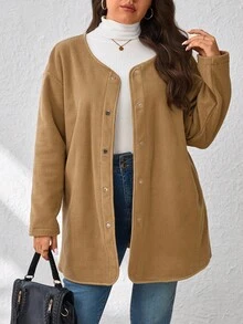 EMERY ROSE Jaket Kasual Wanita Ukuran Besar Warna Polos, Musim Gugur/Musim Dingin - Coklat - View 1
