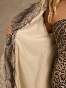 SHEIN Glamour 女士时尚翻领系带长款仿皮草大衣，秋冬 - 卡其色 - 查看 6