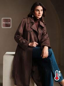 Anewsta 棕色方领双排扣长款麂皮风衣，配腰带，优雅别致，适合秋季、冬季、新年、圣诞节、外出穿着 - 咖啡棕 - 查看 3