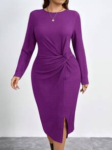 SHEIN Clasi Plus Size Solid Color Twist Knot Crew Neck Fitted Elegant Long Sleeve Dress/Fall/Winter - Purple - View 1