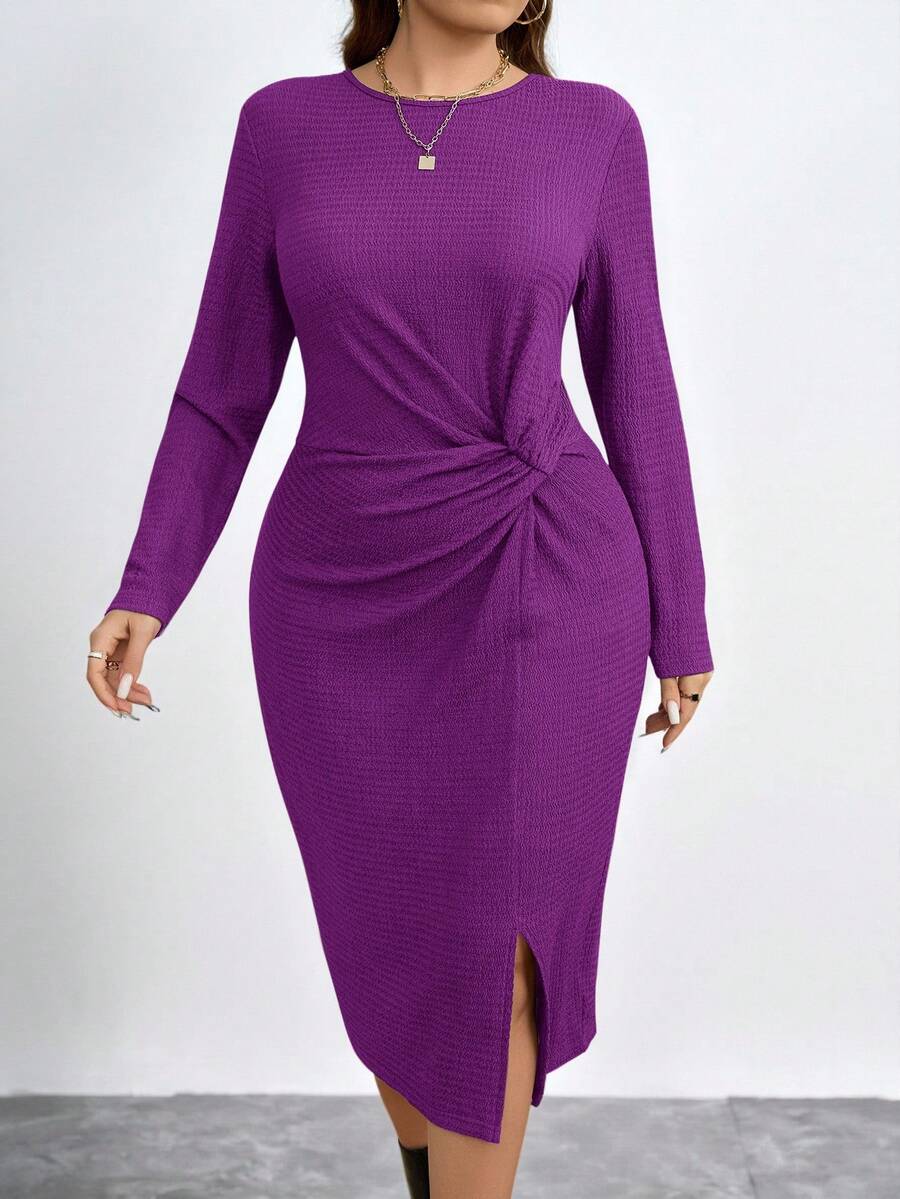 SHEIN Clasi Plus Size Solid Color Twist Knot Crew Neck Fitted Elegant Long Sleeve Dress/Fall/Winter - Purple - View 1