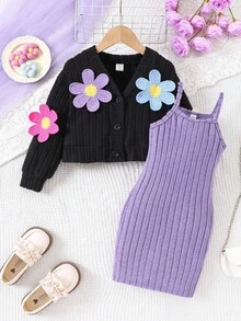 2 件套年轻女孩可爱黑色短款 V 领彩色花卉装饰开衫，搭配紫色修身针织连衣裙，适合休闲外出或小型聚会，春秋季 - 紫色 - 查看 4