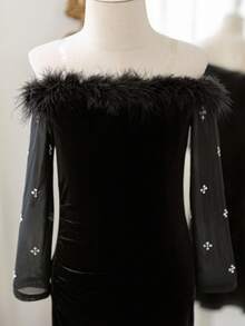 SHEIN Young Girl Elegant Black Velvet & Mesh Rhinestone Embellished Off Shoulder Long Sleeve Dress - Black - View 5