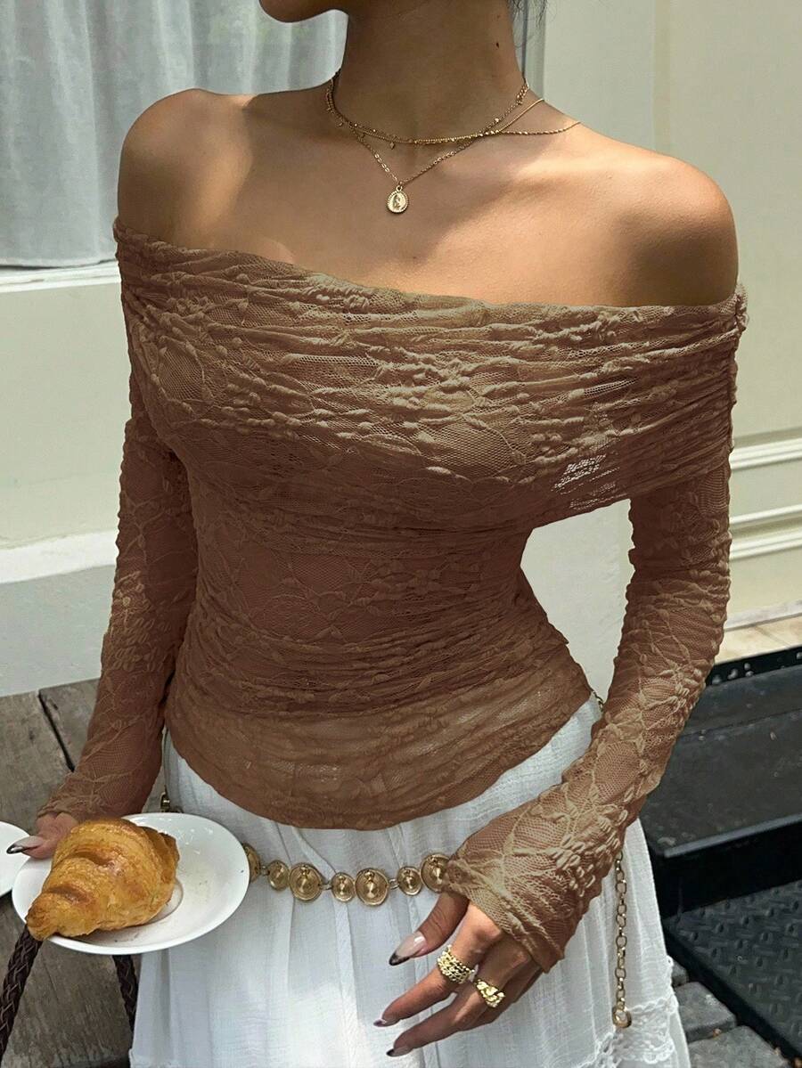SHEIN Unity Áo ren xếp nếp trễ vai mỏng tay dài mùa thu - màu nâu - Xem 1