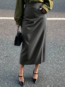 DAZY Asymmetric High Slit Elegant Business Casual Loose Straight Knit Sweater Skirt Set For Women, Autumn/Winter - Dark Grey - View 7