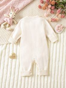 SHEIN Baby Mädchen Blumen Stickerei Knopfleiste Rundhals Langarm Romper Herbst Winter Kleidung für Frauen - Beige - Übersicht 2