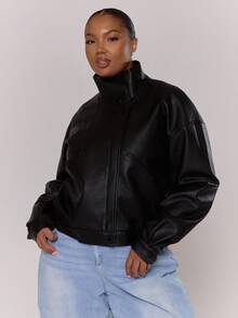 MUSERA 高领仿皮收腰落肩拉链夹克，秋冬日常休闲舒适可爱