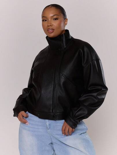 MUSERA Plus High Neck Faux Leather Cinched Waist Drop Shoulder Zip Through Jacket Fall Autumn Winter Everyday Casual Cosy Cute