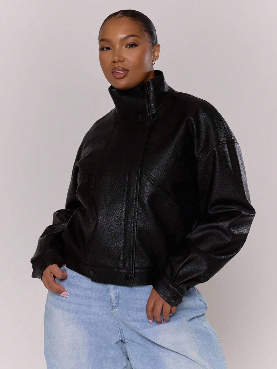 MUSERA 高领仿皮收腰落肩拉链夹克，秋冬日常休闲舒适可爱