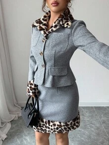 Elenzga Women's Pink And Grey Woolen Two Pieces Skirt Set,Autumn Elegant Work Lapel Long Sleeve Top & Bodycon Skirt,Leopard Print Fur Collar Cuff,2pcs Set - Grey - View 7