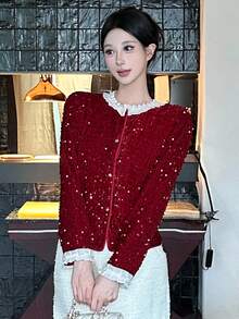 DAZY Damen elegante Kontrast-Farbige Pailletten Patchwork Bluse, Herbst Weihnachten Langarm Top Karneval - Bordeaux - Übersicht 5