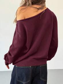 Aloruh Suéter holgado de punto casual con decoración de remaches vintage y hombro asimétrico, color negro