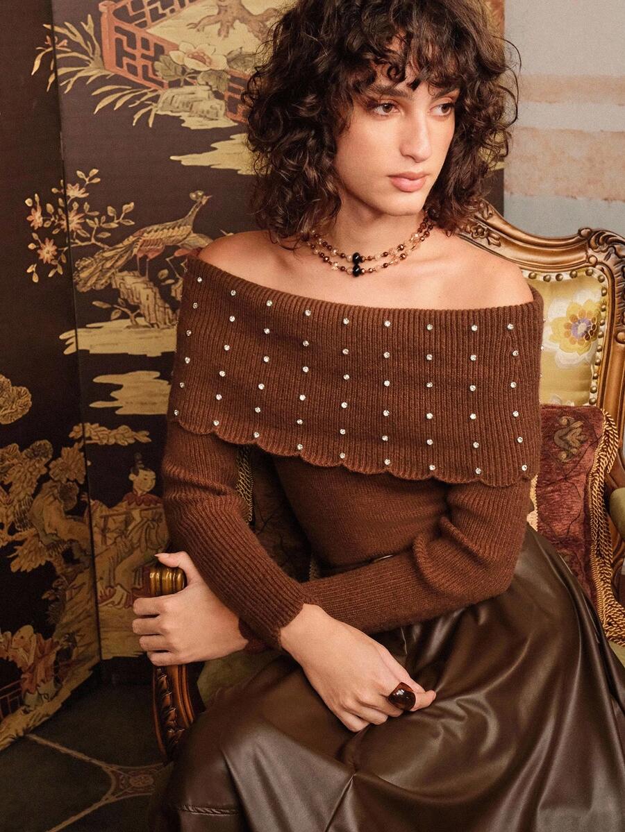 Chiquease Women's Elegant Off-Shoulder Pullover,Rhinestone Long-Sleeved Sweater In Shades Of Brown For Autumn Tea Party,Fall Halloween Party Sweater - Coffee Brown - View 1