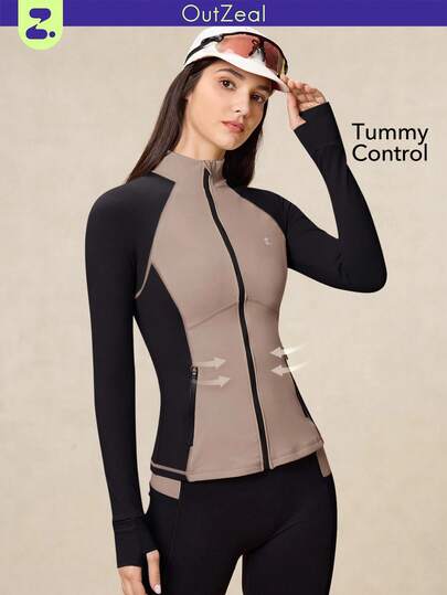 OutZeal 女士收腹撞色紧身运动夹克健身房锻炼上衣秋季款