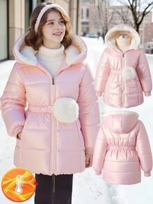 SHEIN 青少年女孩甜美连帽棉服夹克，束腰，简约时尚中长款棉质外套，冬季 - 粉色 - 查看 3